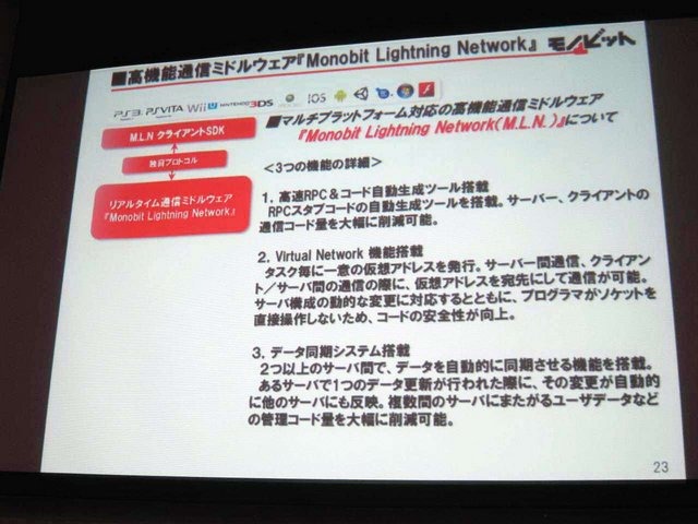 GTMF2014大阪会場でモノビットの安田京人氏は「モノビットエンジンを利用したゲームサーバ構成」と題して講演しました。安田氏は「コンシューマゲーム機でもネットワーク対応が増加しているが、マスターチェックなど業界独自の慣習を理解している企業は少ない。モノビッ