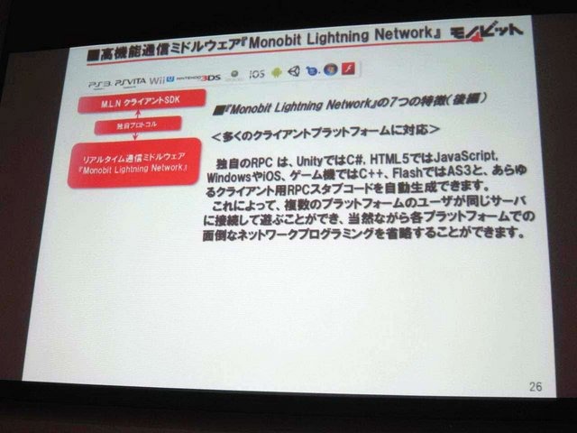 GTMF2014大阪会場でモノビットの安田京人氏は「モノビットエンジンを利用したゲームサーバ構成」と題して講演しました。安田氏は「コンシューマゲーム機でもネットワーク対応が増加しているが、マスターチェックなど業界独自の慣習を理解している企業は少ない。モノビッ