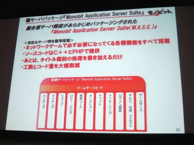 GTMF2014大阪会場でモノビットの安田京人氏は「モノビットエンジンを利用したゲームサーバ構成」と題して講演しました。安田氏は「コンシューマゲーム機でもネットワーク対応が増加しているが、マスターチェックなど業界独自の慣習を理解している企業は少ない。モノビッ