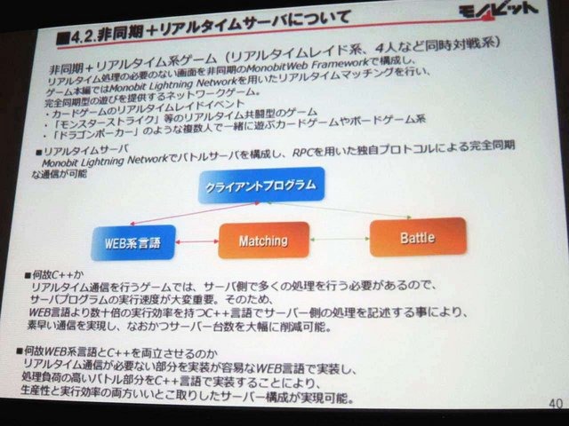 GTMF2014大阪会場でモノビットの安田京人氏は「モノビットエンジンを利用したゲームサーバ構成」と題して講演しました。安田氏は「コンシューマゲーム機でもネットワーク対応が増加しているが、マスターチェックなど業界独自の慣習を理解している企業は少ない。モノビッ