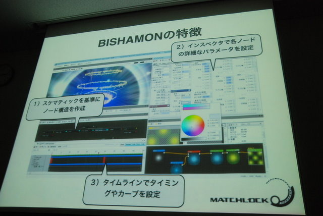 GTMF2014東京でマッチロックの後藤誠氏は「3D VFX Tool & Middleware BISHAMON 最新機能の紹介」と題して講演を行い、実行速度の高速化をはじめとした、エフェクトツール「BISHAMON」のさまざまな新機能や、アップデートの見通しについて語りました。講演はBISHAMONのデ