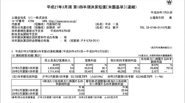 ソニーは、平成27年3月期第1四半期決算（米国基準）を発表しました。