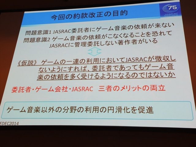 CEDEC2014にて、一般社団法人日本音楽著作権協会（JASRAC）の野方英樹氏は「ゲーム音楽と著作権〜上手に活用するために知っておきたいルール」という講演を行いました。本講演はゲームで音楽を使用する際の著作権の活用法を解説したものです。第一部では音楽の著作権に