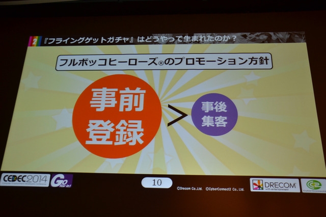 CEDEC 2014の2日目となる9月3日、株式会社サイバーコネクトツーと株式会社ドリコムが共同開発・運営するスマートフォンアプリ『フルボッコヒーローズ』についてのセッション、「事前登録者数45万人を獲得した施策『フライングゲットガチャ』 良策を連発する為の異業種協