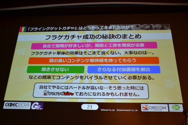 CEDEC 2014の2日目となる9月3日、株式会社サイバーコネクトツーと株式会社ドリコムが共同開発・運営するスマートフォンアプリ『フルボッコヒーローズ』についてのセッション、「事前登録者数45万人を獲得した施策『フライングゲットガチャ』 良策を連発する為の異業種協