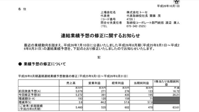 トーセは、平成26年7月10日に公表した平成26年8月期（平成25年9月1日〜平成26年8月31日）の連結業績予想の修正を発表しました。