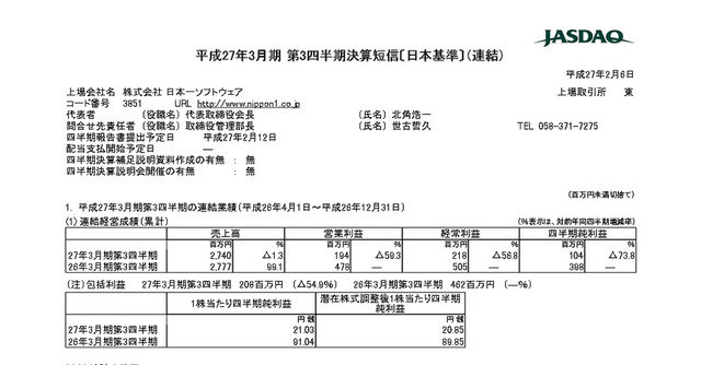 日本一ソフトウェアは、平成27年3月期第3四半期決算を発表しました。