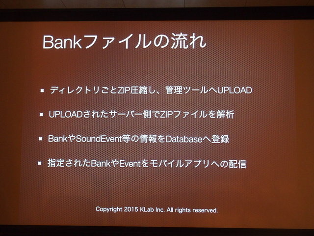 『クリスタルファンタジア』のサーバーエンジニアをつとめるKLab株式会社の内海恵介氏と、同じくサウンドクリエイターの磯田泰寛氏は「Wwise＋Unityで作るモダンなモバイルゲーム運用」と題して、商用展開済みのゲームにプログラマを介さずに、ダイナミックに実機上でサ