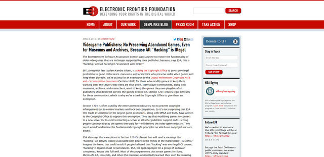 電子フロンティア財団、通称EFFはデシタル社会の中で言論の自由と、保護を目的とした非営利団体ですが、そのEFFと法学生ケンドラ・アルバートさんは「サービスが終了したゲームを再びプレイする」ためにアメリカの著作権局に一部著作権の免除を求めています。