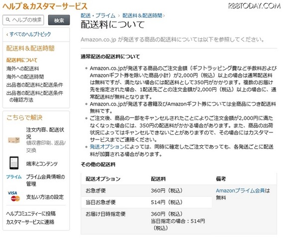 「Amazon.co.jp ヘルプ: 配送料について」ページ（4月6日時点）