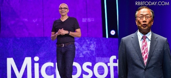 MicrosoftのCEOサティア・ナデラ氏（写真左）と鴻海を率いる郭台銘氏（同右）(C) Getty Images