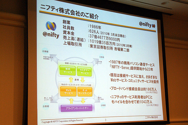 ニフティ株式会社 上野貴也氏のPRプログラムスポンサーセッション「ニフティクラウドを用いたオンラインゲーム・ソーシャルアプリの活用事例」では、2010年1月よりサービスが開始された『ニフティクラウド』の紹介が行われました。