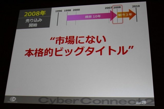 常に挑戦的なゲーム作りに邁進するサイバーコネクトツー。福岡から今年は東京にもスタジオを構える、元気のある開発会社です。その松山洋社長は「小さくまとまるな！ 〜構想10年、制作3年 サイバーコネクトツー流NDSビッグタイトルのつくりかた〜」と題した講演で同社が