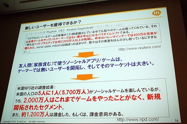 株式会社ミクシィ 安部聡氏による講演「ソーシャルアプリに関する大きな誤解」です。ソーシャルゲームはだれもが簡単に遊べるゲーム。GREEやモバゲー、Facebookなど、現在ソーシャルゲームは数千万人規模のユーザーを抱えるコンテンツですが、mixiでのソーシャルゲーム