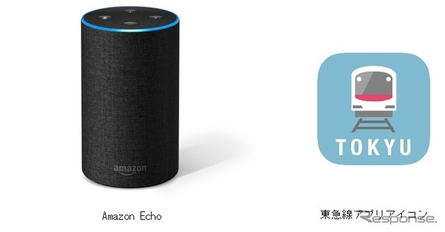 東急は「東急線アプリ」（右）の機能を拡充する形でAlexaに対応。「Amazon Echo」（左）などの音声操作デバイスに話しかけると運行情報が音声で案内される。