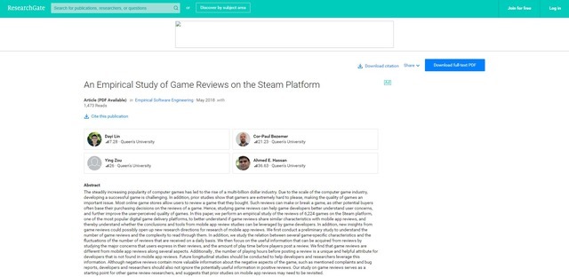 An Empirical Study of Game Reviews on the Steam Platform（ResearchGateより）