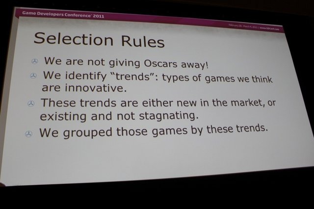 GDC初日の10:00から開催された「Social and Online Game Design 2010 A Year in Review」は、カジュアルゲームの分野で造詣の深い、Nick Fortugno氏(CCO Playmatics)とJuan Gril氏(Joju Games)が、2010年に見つけたイノベーティブなゲームデザインを紹介するというセッ