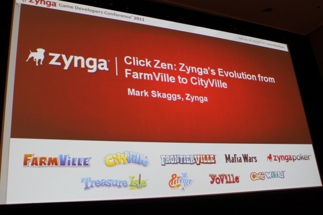 Game Developers Conference初日のSocial and Online Game Summitの一つとして13:45〜14:15で開催されたのが「Click Zen: Zynga’s Evolution from FarmVille to CityVille」です。飛ぶ鳥を落とす勢いのジンガが最新の大ヒット作『CityVille』を語るということで広い会