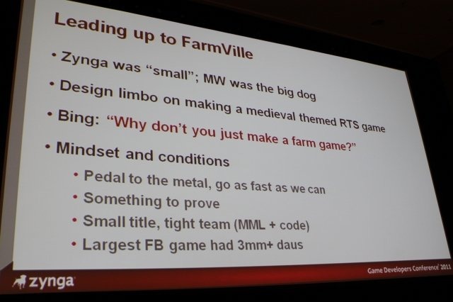 Game Developers Conference初日のSocial and Online Game Summitの一つとして13:45〜14:15で開催されたのが「Click Zen: Zynga’s Evolution from FarmVille to CityVille」です。飛ぶ鳥を落とす勢いのジンガが最新の大ヒット作『CityVille』を語るということで広い会