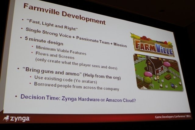 Game Developers Conference初日のSocial and Online Game Summitの一つとして13:45〜14:15で開催されたのが「Click Zen: Zynga’s Evolution from FarmVille to CityVille」です。飛ぶ鳥を落とす勢いのジンガが最新の大ヒット作『CityVille』を語るということで広い会