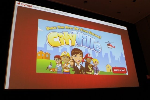 Game Developers Conference初日のSocial and Online Game Summitの一つとして13:45〜14:15で開催されたのが「Click Zen: Zynga’s Evolution from FarmVille to CityVille」です。飛ぶ鳥を落とす勢いのジンガが最新の大ヒット作『CityVille』を語るということで広い会