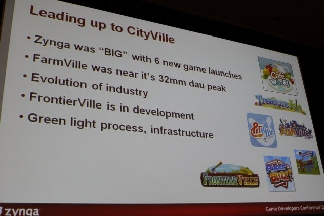 Game Developers Conference初日のSocial and Online Game Summitの一つとして13:45〜14:15で開催されたのが「Click Zen: Zynga’s Evolution from FarmVille to CityVille」です。飛ぶ鳥を落とす勢いのジンガが最新の大ヒット作『CityVille』を語るということで広い会