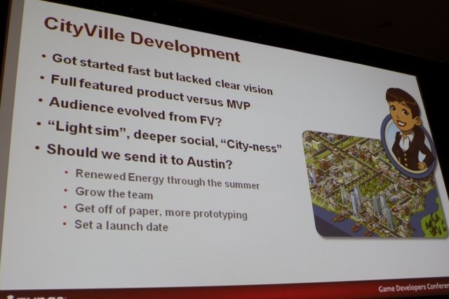 Game Developers Conference初日のSocial and Online Game Summitの一つとして13:45〜14:15で開催されたのが「Click Zen: Zynga’s Evolution from FarmVille to CityVille」です。飛ぶ鳥を落とす勢いのジンガが最新の大ヒット作『CityVille』を語るということで広い会