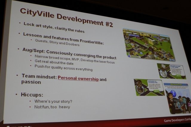 Game Developers Conference初日のSocial and Online Game Summitの一つとして13:45〜14:15で開催されたのが「Click Zen: Zynga’s Evolution from FarmVille to CityVille」です。飛ぶ鳥を落とす勢いのジンガが最新の大ヒット作『CityVille』を語るということで広い会