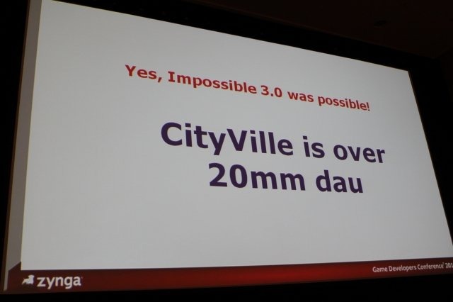 Game Developers Conference初日のSocial and Online Game Summitの一つとして13:45〜14:15で開催されたのが「Click Zen: Zynga’s Evolution from FarmVille to CityVille」です。飛ぶ鳥を落とす勢いのジンガが最新の大ヒット作『CityVille』を語るということで広い会