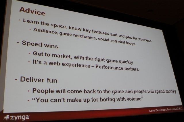 Game Developers Conference初日のSocial and Online Game Summitの一つとして13:45〜14:15で開催されたのが「Click Zen: Zynga’s Evolution from FarmVille to CityVille」です。飛ぶ鳥を落とす勢いのジンガが最新の大ヒット作『CityVille』を語るということで広い会