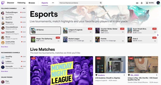Twitchに「Esports」ディレクトリが登場―大会ライブ配信や対戦ダイジェストが一ヶ所に