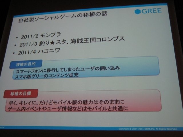 スマートフォン2011春の2日目、グリー株式会社 メディア開発本部 ソーシャルアプリケーション統括部 第3プロダクション グループリーダーの伊野友紀氏は「GREEにみるスマートフォン向けソーシャルアプリ開発〜技術×クリエイティブ×ビジネス〜」と題して、各社がしのぎ