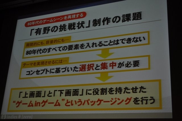 「ノスタルジックなゲームの現代的パッケージング手法〜『ゲームセンターCX 有野の挑戦状』の開発事例〜」では、同ゲームを開発したインディーズゼロの鈴井匡伸氏が開発手法を紹介しました。