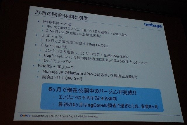 スマートフォンに関する議論が数多く展開されたOGC2011。「Mobage」を運営するDeNAも「『Mobage』のSmartphoneプラットフォーム展開について」と題して講演。スマートフォンを柱に据えた戦略紹介と、ゲームエンジン「ngCore」上で開発された新作ソーシャルアプリ「忍者