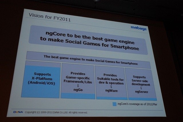 スマートフォンに関する議論が数多く展開されたOGC2011。「Mobage」を運営するDeNAも「『Mobage』のSmartphoneプラットフォーム展開について」と題して講演。スマートフォンを柱に据えた戦略紹介と、ゲームエンジン「ngCore」上で開発された新作ソーシャルアプリ「忍者