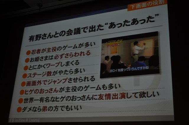 「ノスタルジックなゲームの現代的パッケージング手法〜『ゲームセンターCX 有野の挑戦状』の開発事例〜」では、同ゲームを開発したインディーズゼロの鈴井匡伸氏が開発手法を紹介しました。